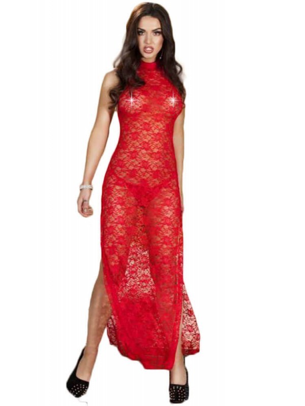 Czerwona koronkowa długa sukienka + stringi