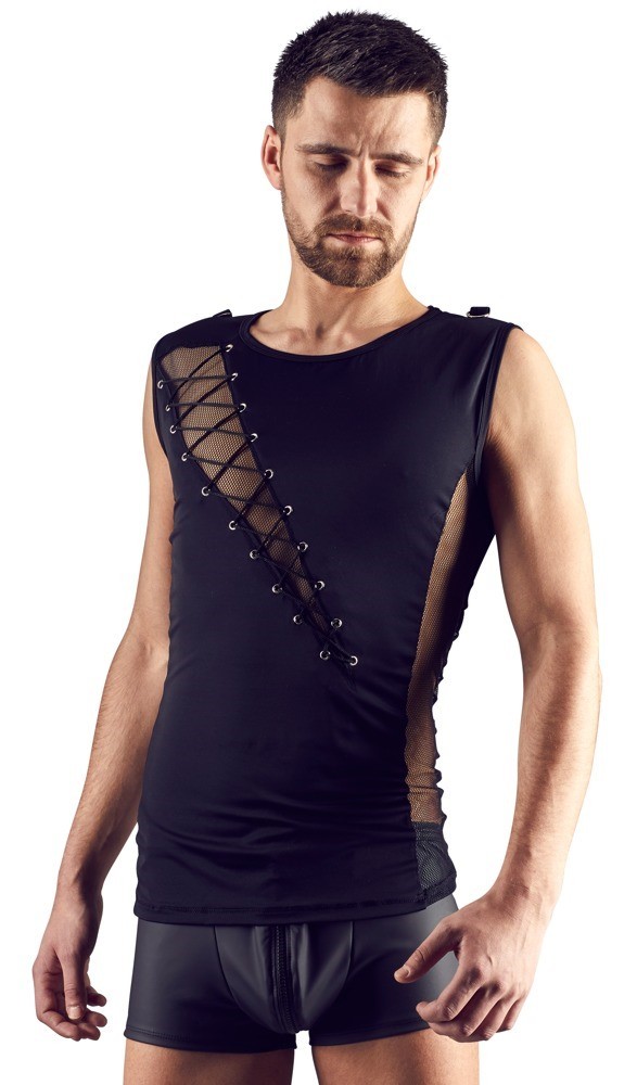 Czarna męska koszulka ze sznurowaniami na klatce piersiowej